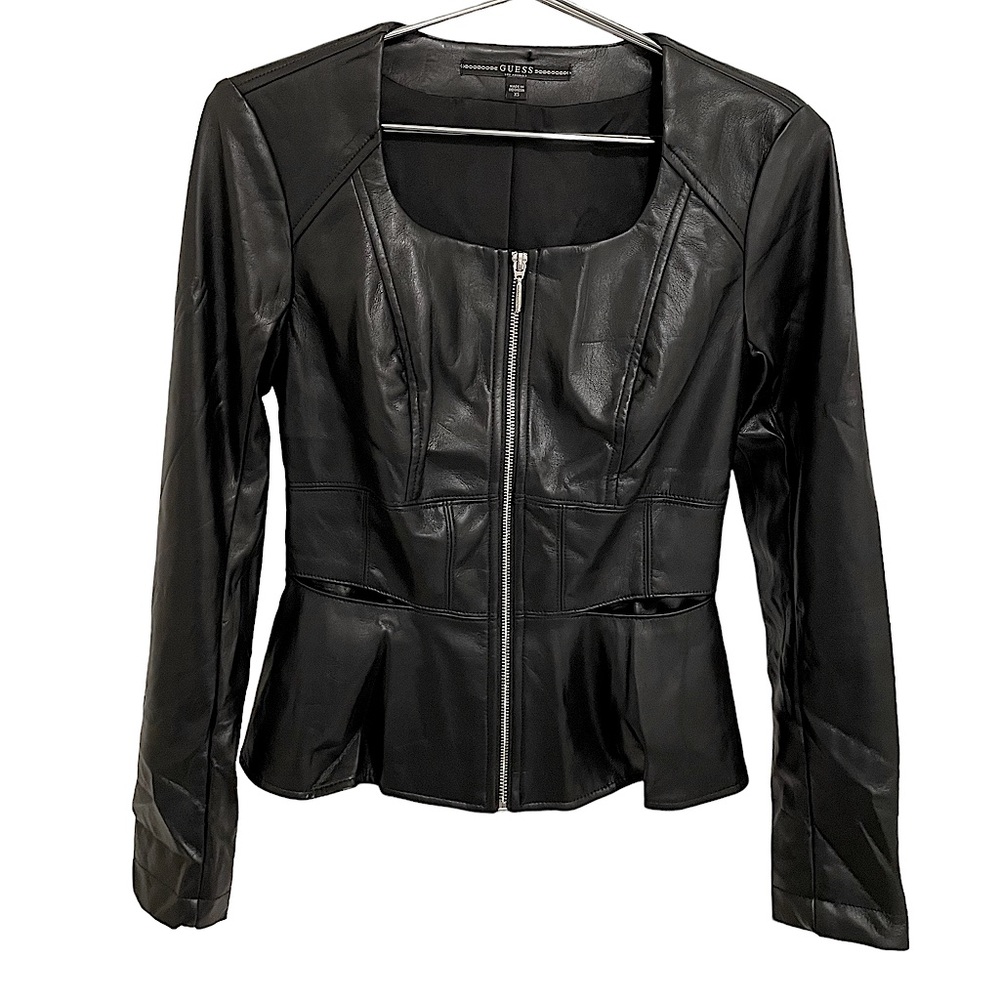 GUESS PEPLUM FAUX LEATHER JACKET